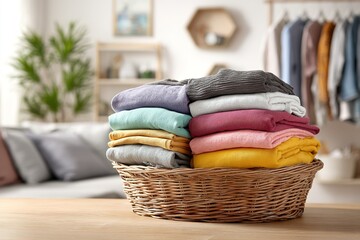 Poster - Soft towels stacked neatly in a woven basket placed on a wooden table in a bright, modern living room