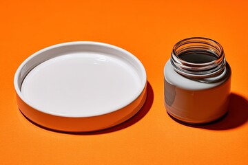 Poster - Ceramic plate and jar against vibrant orange background showcasing minimalist design elements and contrasting colors