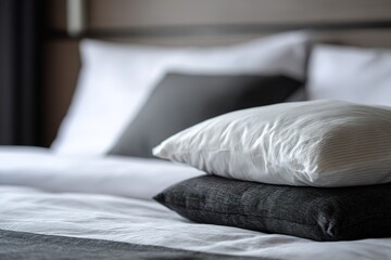 Poster - Decorative pillows arranged on a neatly made bed in a modern hotel room during daytime