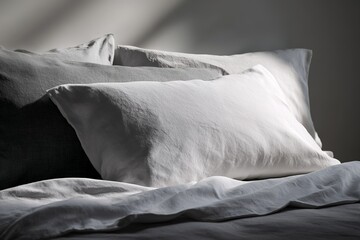 Poster - Soft linen pillows arranged on a bed in a natural light setting creating a serene and inviting atmosphere