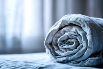 Poster - Softly rolled light blue linen blanket placed on a bed near a window that diffuses natural light in a cozy interior setting