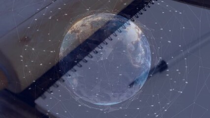 Poster - Network lines rising over notebook causing holographic globe spinning into nodes linking data