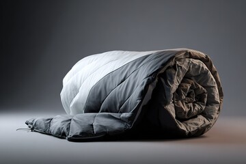 Poster - Soft and cozy gray and white quilt rolled up in a minimalist studio setting