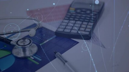 Poster - Particles appearing above financial charts drifting and connecting visualizing medical data network