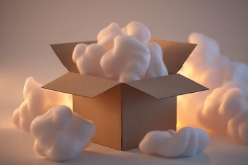 Poster - Creative packaging concept showcasing a cardboard box overflowing with fluffy packing material illuminated from below
