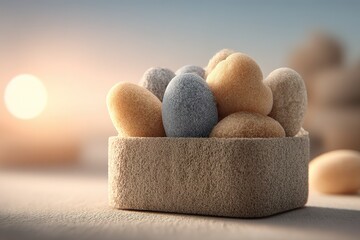Poster - Decorative handmade clay eggs in a textured bowl against a soft sunset background