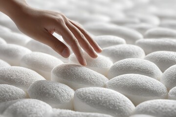 Poster - Delicate touch on a textured surface of silky white cocoons in a serene setting