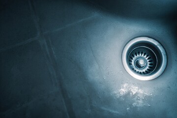 Poster - Close-up view of a silver sink drain with a textured surface in a dimly lit bathroom