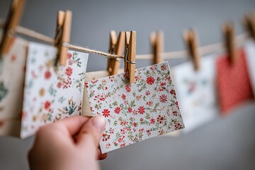 Poster - Colorful floral patterns displayed on wooden clips hanging from a string in a creative workspace