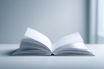 Poster - Blank open book resting on a white table with soft natural light illuminating its pages
