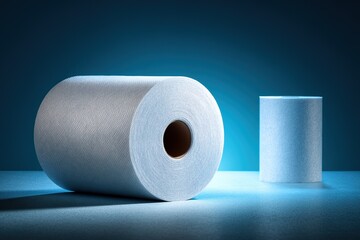 Poster - Roll of white paper towels and a small roll with soft blue lighting on a clean surface during a still life composition
