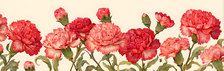 Wall Mural - panoramic view: bouquet of carnation schabaud, spring blossom. horizontal border: red, pink flowers,