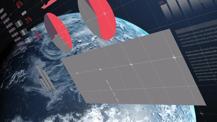 Poster - Starting rotating Earth view showing bar graphs, pie charts and gauge arcs assembling display