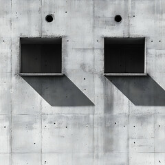 Fototapete - Abstract monochrome photograph of a concrete wall with two square windows casting shadows, minimalist architectural detail.