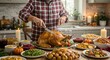© Anatoly - Man carving turkey at festive dinner table with side dishes