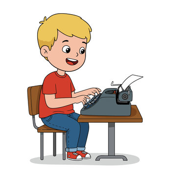 Boy typing on vintage typewriter at desk. Perfect for creative writing courses, journalism classes, or retro technology concepts.