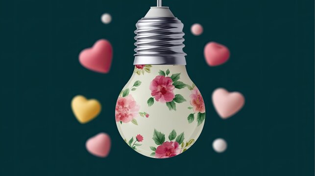 Floral Lightbulb with Hearts on Teal Background