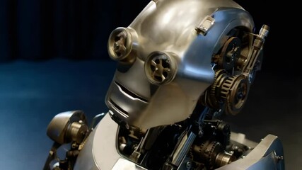 Poster - Futuristic robot head movement with exposed gears and mechanisms in closeup