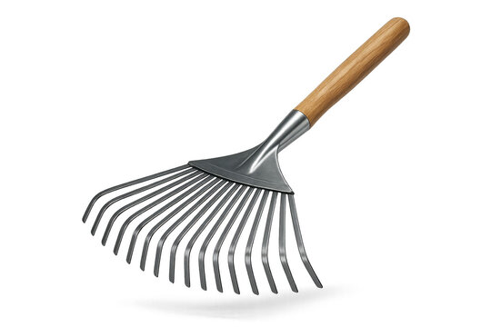 Metal garden rake with a wooden handle isolated on transparent background.