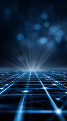 Poster - Digital grid radiates glowing intersections with a centered light burst. Deep navy blue background creates a tech-focused atmosphere. Concept of software, cybersecurity, artificial intelligence