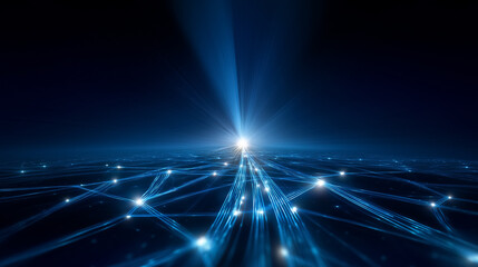 Fototapete - Illuminated digital grid glows under deep navy blue background with radiant intersections. Centered light burst enhances visual depth. Concept of technology, software development, cybersecurity