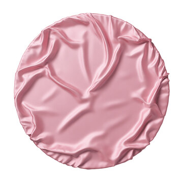 Round table covered with pink silk cloth top view on transparent background