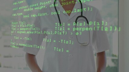Poster - Code overlay fading and revealing doctor smiling in clinic window, inspiring professional trust