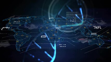 Poster - Helix emerging from dark rotating and moving as map expands and data markers linking global network