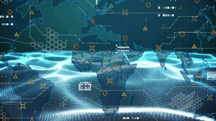Poster - Opening wave grid sweeping lower half outlining world map and overlaying data markers for insights