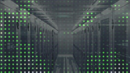 Poster - On play, translucent grid appearing over server racks pulsing across frame for data visualization