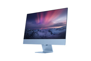 Fototapete - Modern blue all in one computer displaying a vibrant aurora borealis over a snowy mountain landscape