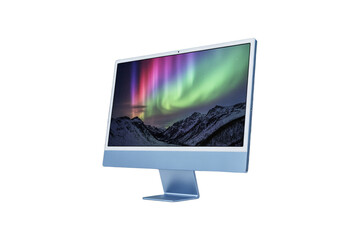 Fototapete - Modern computer monitor displaying a vibrant aurora borealis over snow capped mountains