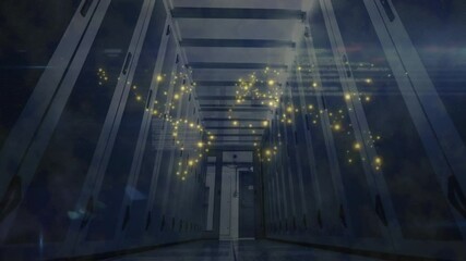 Poster - On start gold particles drifting in corridor, clustering lines linking nodes, forming world map
