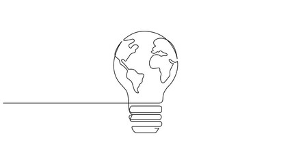 Aufkleber - Animated lightbulb with Earth map one continuous line drawing, Self drawing line animation World map globe inside the lamp continuous one single line drawn concept video