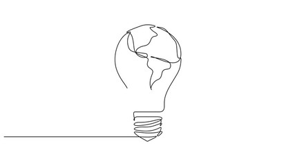 Aufkleber - Animated lightbulb with Earth map one continuous line drawing, Self drawing line animation World map globe inside the lamp continuous one single line drawn concept video