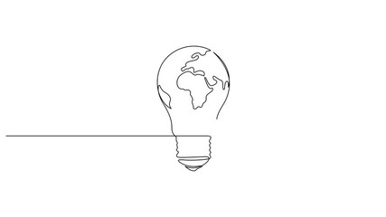 Aufkleber - Animated lightbulb with Earth map one continuous line drawing, Self drawing line animation World map globe inside the lamp continuous one single line drawn concept video