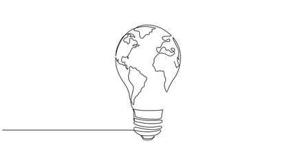 Aufkleber - Animated lightbulb with Earth map one continuous line drawing, Self drawing line animation World map globe inside the lamp continuous one single line drawn concept video