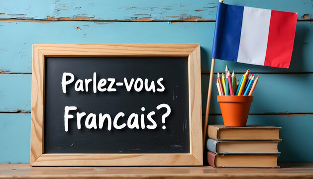The image features a chalkboard with the question 'Parlez-vous Francais?' and a French flag.