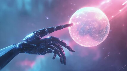 Poster - Pixelated hand touching glowing sphere creating rays against a nebula background. Digital representation of connection and creation. Dominant blue and pink hues evoke a futuristic aesthetic.