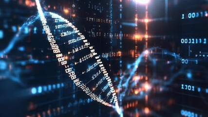 Poster - Abstract 3D rendered DNA structure with glowing particles and binary code data visualization against a dark background concept of genetic engineering