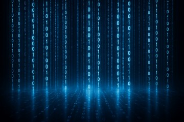 Digital rain of glowing blue binary code cascades onto a reflective dark surface