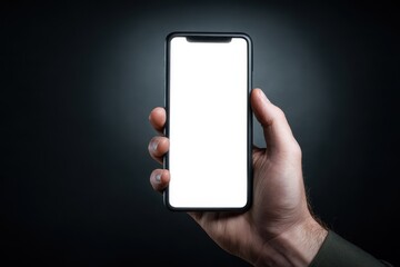 Straight Up View. Man Showing Empty Smartphone Screen with Dark Background at Night