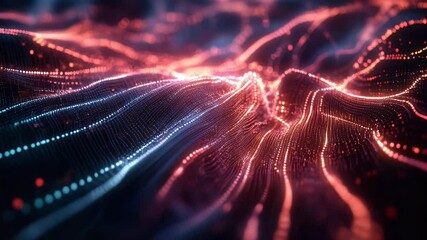 Leinwandbilder - Abstract digital landscape with glowing particles creating wave-like patterns in red and blue hues. Illustrates data flow and technological innovation in a futuristic design.