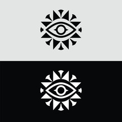 Poster - A striking black and white logo features an eye surrounded by triangular shapes, creating a modern and abstract symbol of vision and spirituality