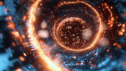 Leinwandbilder - Abstract digital tunnel with glowing orange particles spiraling through a blue data stream depicting data transfer and technological innovation in the digital world.
