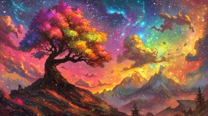 Poster - Vibrant autumn landscape enchanted mountains digital art cosmic sky fantasy viewpoint nature concept
