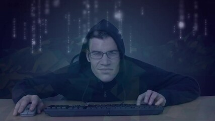 Aufkleber - man clicking mouse, typing at desk in dim workspace digital code streams enveloping him during hack