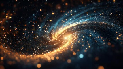 Poster - Abstract visualization of a swirling galaxy composed of shimmering particles in shades of orange and blue against a dark background suggesting cosmic depth and energy.