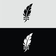 Poster - A stylized black feather merges with a circuit board design, symbolizing the fusion of nature and technology on a light gray and black background