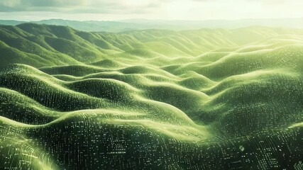 Leinwandbilder - Abstract green landscape illustration with pixelated undulating hills under a cloudy sky with soft lighting creating a sense of peace and serenity
